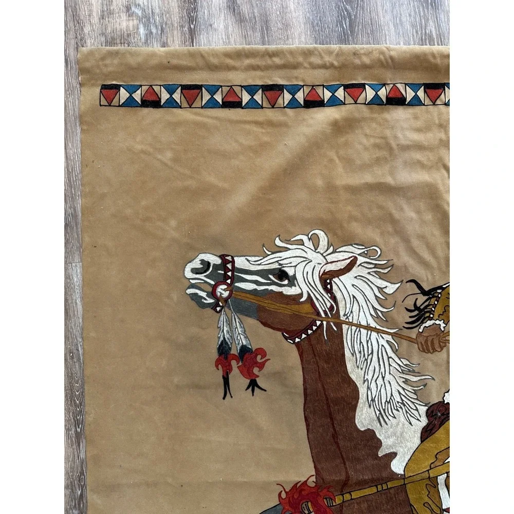 Vintage Native American on Horse Painted Velvet Cloth Wall Hanging Fringe